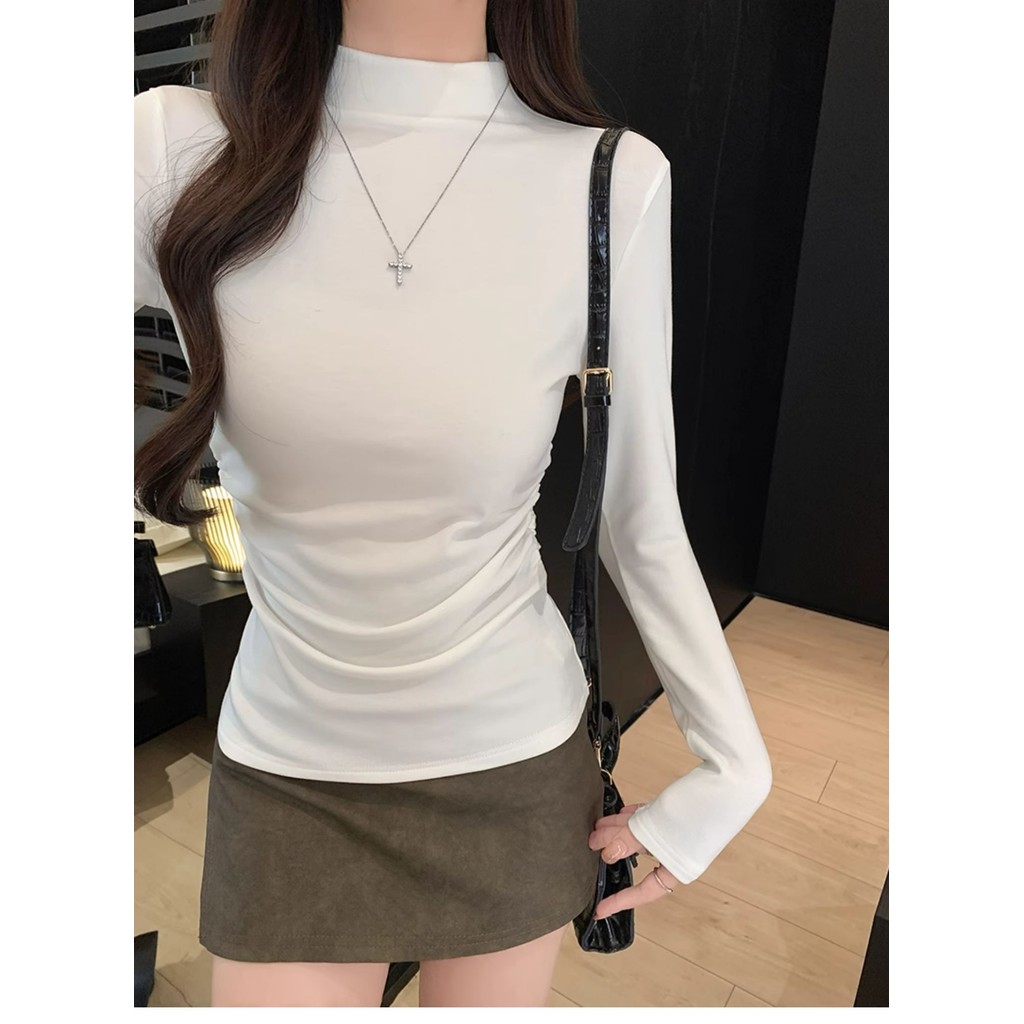 Betty house🌸พร้อมส่ง เสื้อยืดแขนยาวผู้หญิง เสื้อรัดรูป ดีไซน์จีบด้านข้าง สีพื้น เซ็กซี่ คอสูงครึ่ง สไตล์เกาหลี - รูปที่ 5