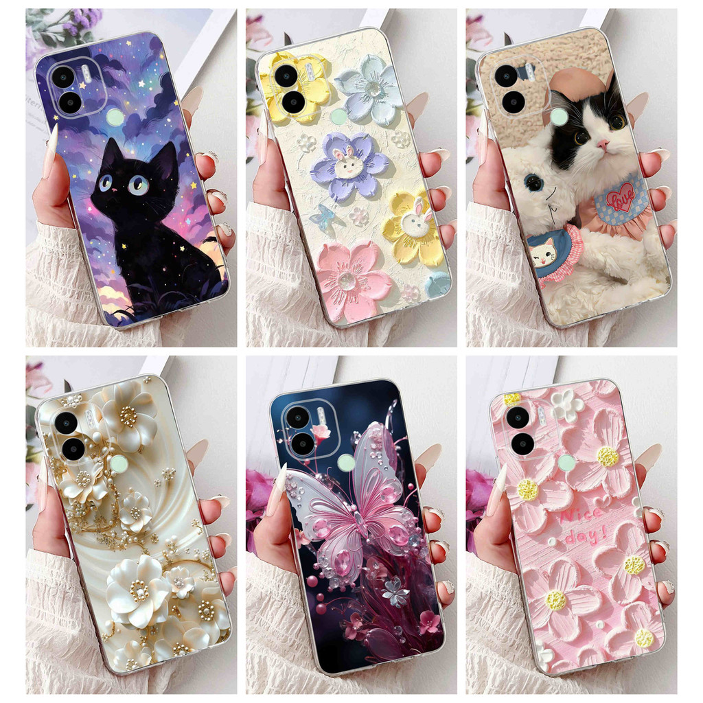 Xiaomi Redmi A2 + A2 แมวน่ารักผีเสื้อดอกไม้รูปแบบกรณี RedmiA2 2 Plus 4G ซิลิโคนนุ่ม TPU เคสโทรศัพท์