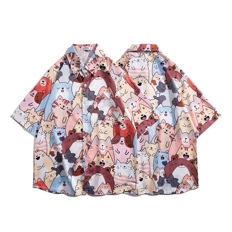 การ์ตูนลูกแมวเสื้อผู้ชายฤดูร้อนแขนสั้นแจ็คเก็ตแนวโน้ม ฮาวายหลวม