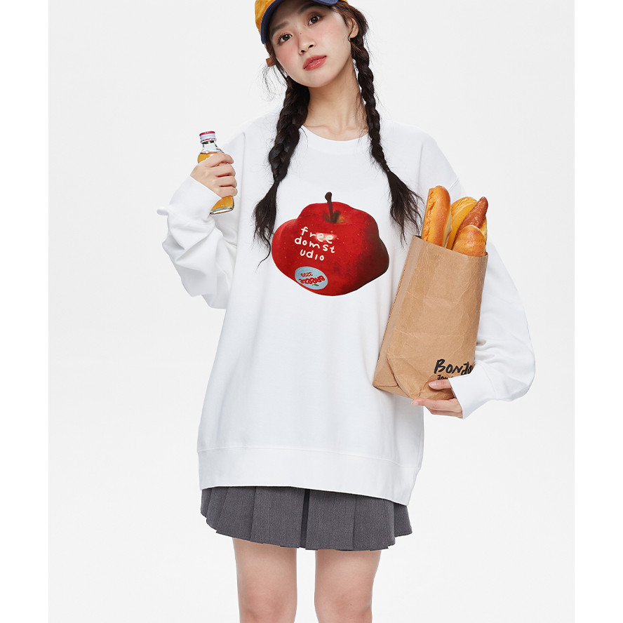 (จัดส่งตลอด 24 ชั่วโมง）Angle Officialเสื้อสเวตเตอร์คอกลมพิมพ์ลายแอปเปิ้ลแดงสไตล์เกาหลีสำหรับผู้หญิงขี้เกียจ
