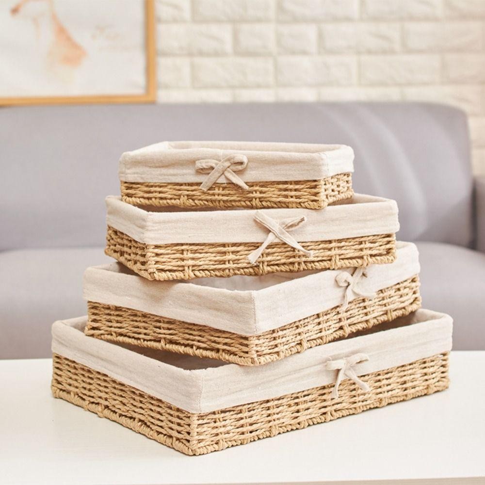 เวลเนสสกอตต์ ตะกร้าเก็บหวายแฮนด์เมด,สี่เหลี่ยมสไตล์ฝรั่งเศสกล่องเก็บเครื่องสําอาง,ถาดโรงแรมโบว์ประหยัดพื้นที่สไตล์โบฮีเมียนทอผ้าถาดเก็บขนมปัง - รูปที่ 3