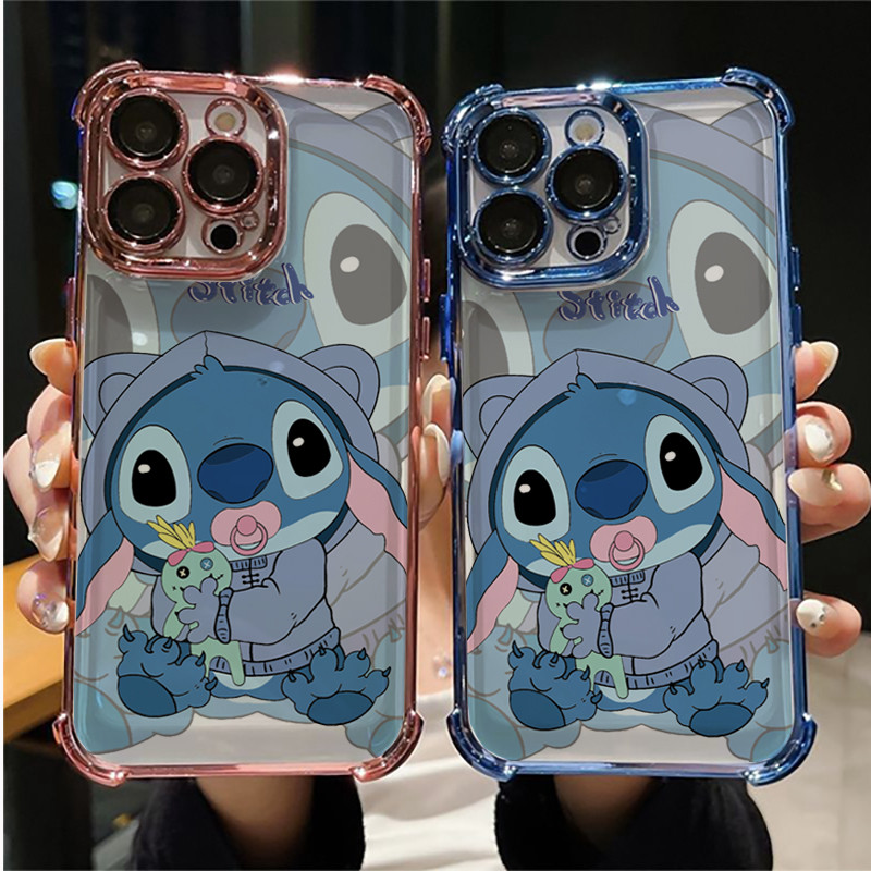 ปลอกสําหรับ IPhone 16 15 Plus 14 13 12 11 Pro Max ชุบถุงลมนิรภัยน่ารัก Stitch การ์ตูนหรูหรา Electroplated เกราะเคสโทรศัพท์แบบนุ่ม