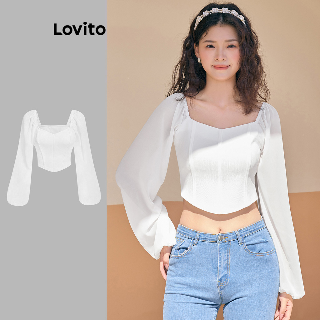 Lovito เสื้อเบลาส์ผ้าเย็บตะเข็บแบบเรียบง่ายสำหรับผู้หญิง L110AD293