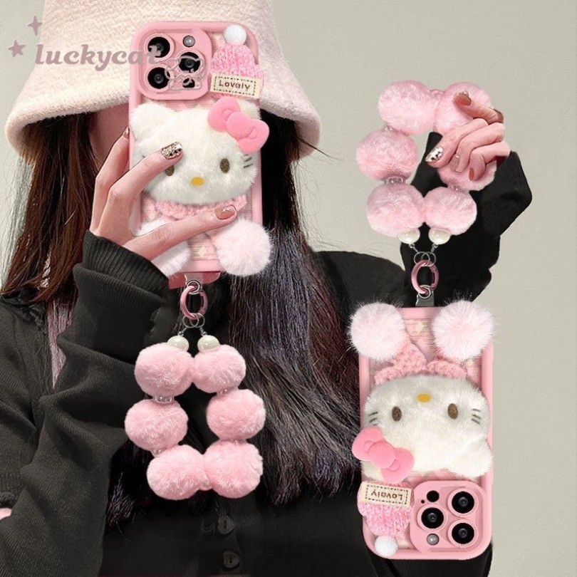 Iphone 16 15 14 13 12 11 Pro Max X Xr Xs Max 7 8 Plus SE2020 เคสโทรศัพท์น่ารักสีชมพูหวานตุ๊กตา KT Cat + Lanyard ปกอ่อน