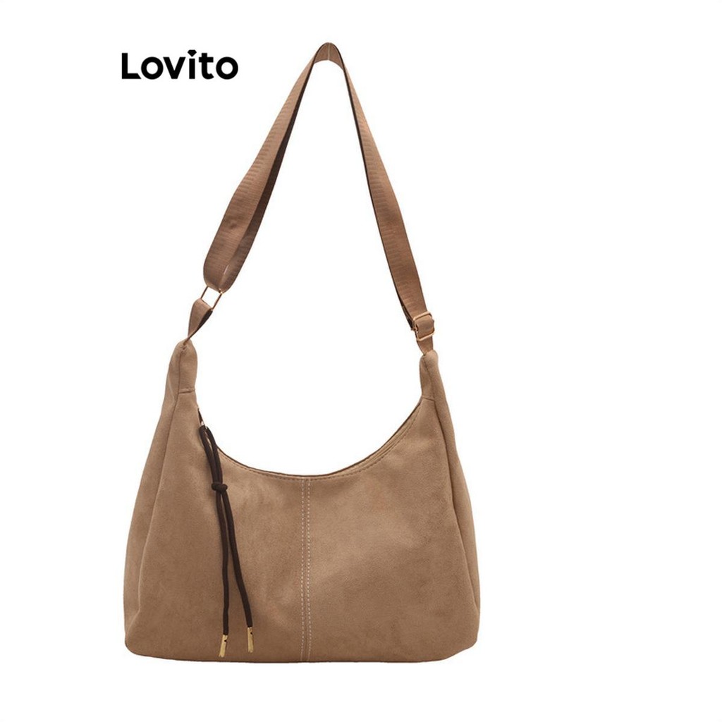 Lovito กระเป๋าสะพายข้างทรงขนมปังกำมะหยี่สีพื้นลำลอง กระเป๋าสะพายไหล่ขนาดเล็กสำหรับผู้หญิง LFA59005