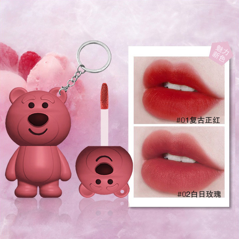 พวงกุญแจหมีน่ารัก Lip Clay Brown Lip Tint กันน้ํา Long Lasting Non-stick Cup Lip Tint