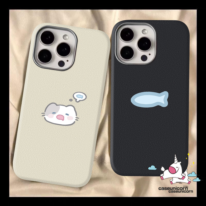 Simple น่ารักคู่ลูกแมวปลาสําหรับ IPhone 14 16 12 11 15 13 Pro Max X XR 16 14 15 Plus XS Max การ์ตูนสีทึบแฟชั่นหรูหราหนังเนื้อนุ่มกรณี