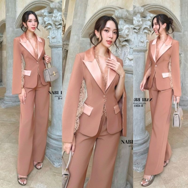 (xs-xl) (พร้อมส่ง) Nabi45 Set 2ชิ้น เสื้อคลุมช่วงแขนผ่าแต่ง ผ้าลูกไม้ ปกคอตัดด้วยผ้าเงามัน แต่งกระดุ