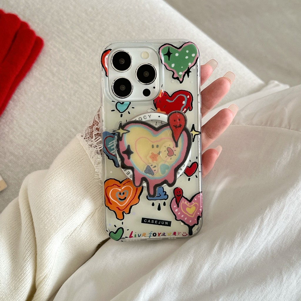 การ์ตูนแม่เหล็กยืนแฟชั่นน่ารักกรณีโทรศัพท์สำหรับ iPhone 15 14 13 16 PRO MAX 14pro 13pro 16pro 15pro 16PROMAX ฝาครอบป้องกันฮาร์ด g litter ที่เรียบง่ายล้าง