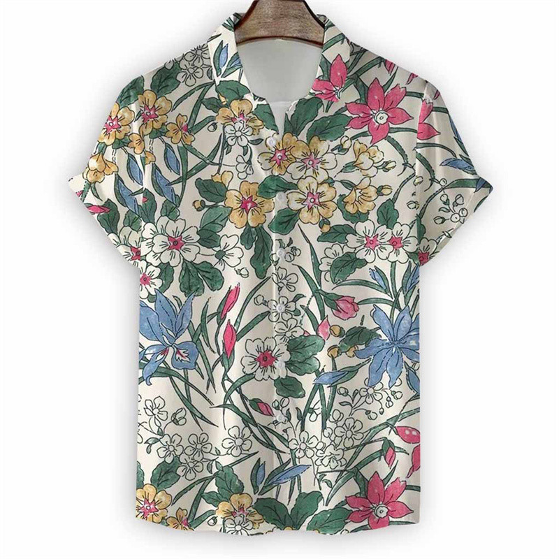 Retro ดอกไม้เสื้อฮาวายผู้ชาย 3d พิมพ์ดอกไม้ปุ่มเสื้อเสื้อลําลองฤดูร้อนวันหยุด Street เสื้อโอเวอร์ไซส์