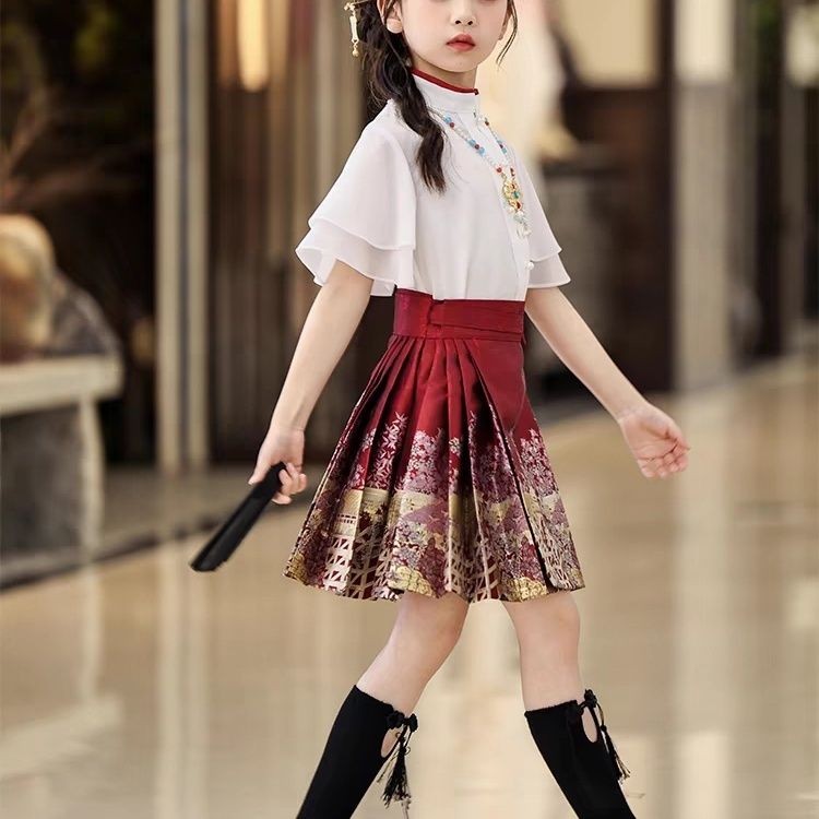 สาวแขนสั้นสูทบางรสสูทกระโปรงเด็ก#女童短袖套装薄款唐装半身裙儿童汉服短款连衣裙
