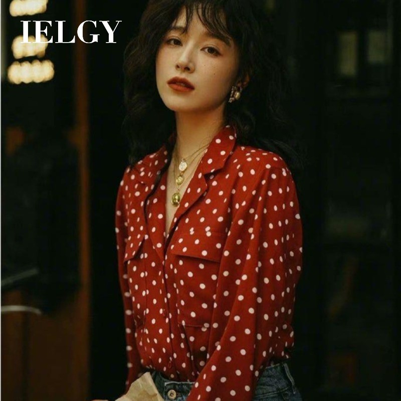 IELGY Niche design sense literary Hong Kong style retro shirt polka dot top สําหรับผู้หญิง