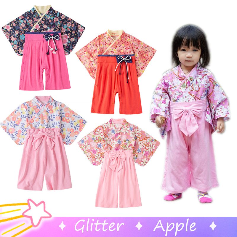 ชุดกิโมโนญี่ปุ่นน่ารักสําหรับเด็กผู้หญิงเด็กทารก Onesie Sakura ดอกไม้ Jumpsuit แขนยาว Romper ชุดแบบดั้งเดิมชุด