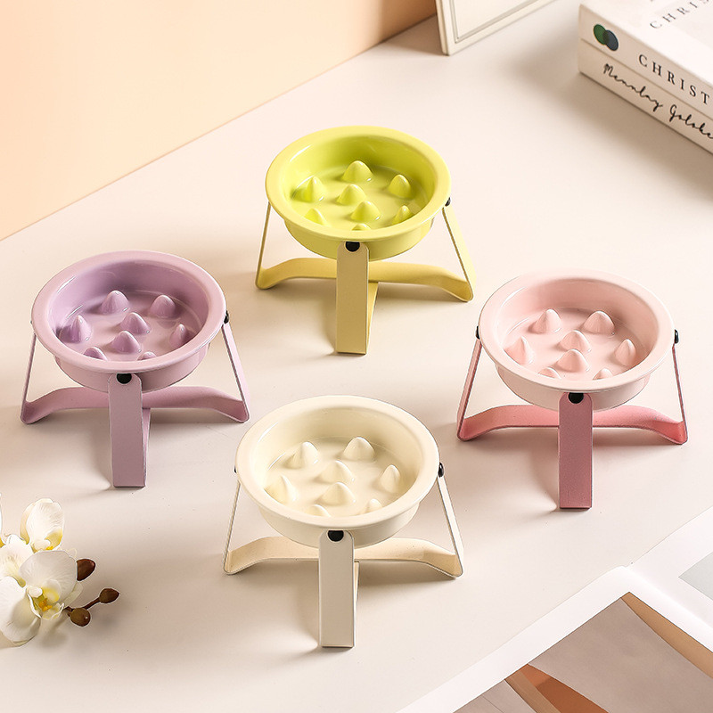 【ชามอาหารแมวอาหารช้าโทนโมรันดี้ ชามสัตว์เลี้ยง】 ขาเหล็กบำรุงคอ ป้องกันการหก ชามสุนัข ดีไซน์สวย มี 4 สีให้เลือก