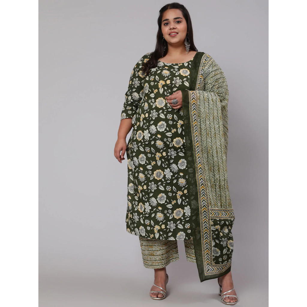 DEBAYU Nayo Cotton Plus Size Kurta Set with Duptta 5XL ถึง 6XL สีเขียว