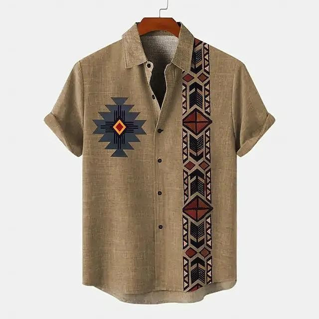 2025 Mocha Mousse ชาติพันธุ์ Retro แขนสั้น Asean เสื้อ 3D พิมพ์ผ้าลินิน Tribal ปกปุ่มแบบดั้งเดิมเสื้