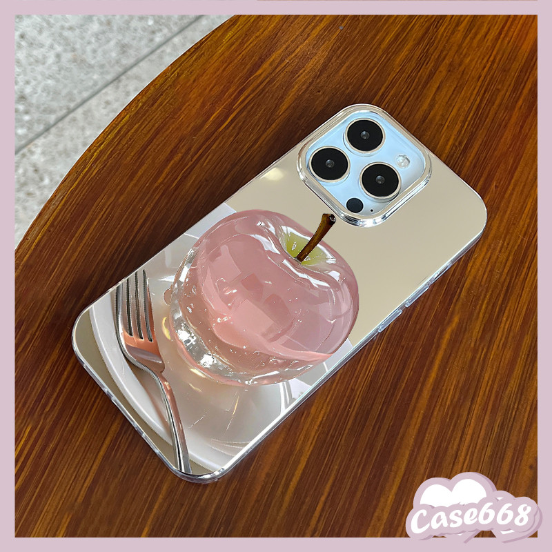 เคสไอโฟน 16 15 สำหรับ iPhone 13 15 11 16 12 14 Pro Max 8 7 16 15 14 Plus XR X XS MAX แอปเปิ้ลสีชมพูสดแต่งหน้ากระจก IMD
