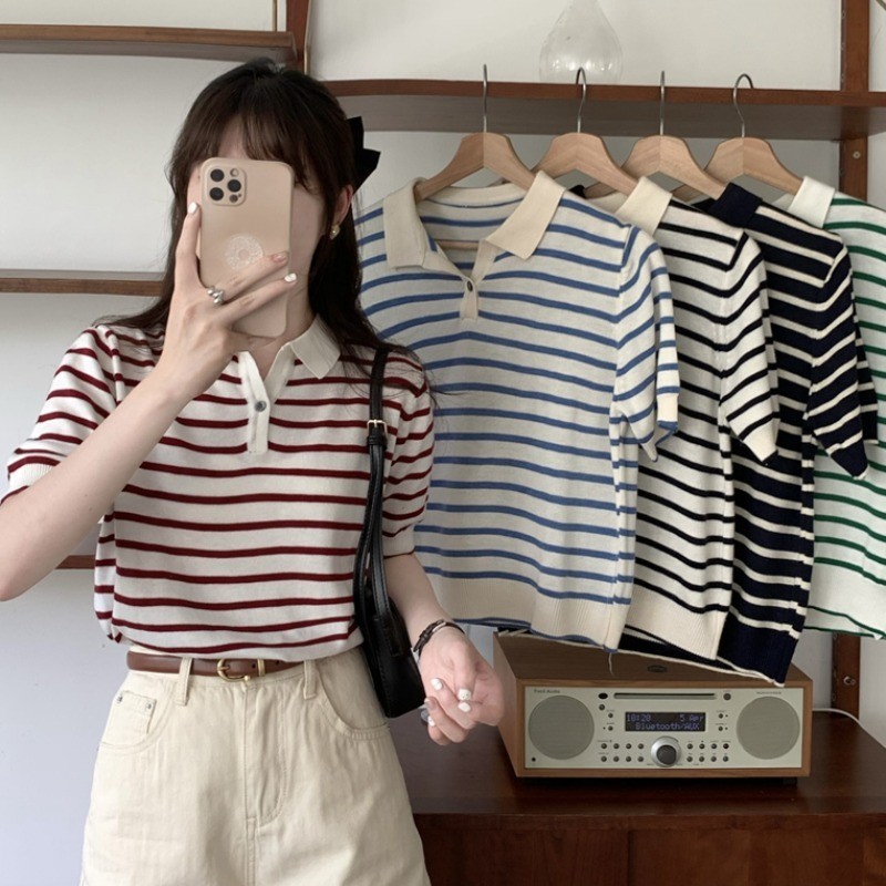 High-End ลายสั้นผู้หญิง POLO คอปกแขนสั้นเสื้อถัก Classy เสื้อขนาดเล็ก SGP7