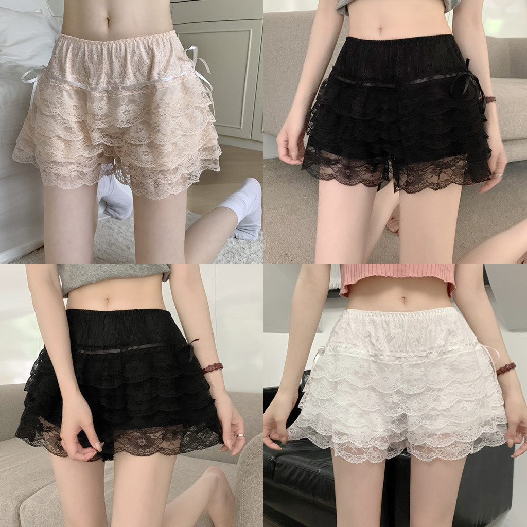 Cilset🛒พร้อมส่ง🎀 กางเกงขาสั้น เงสม๊อคยืด สีพื้น ดีเทลลูกไม้ แต่งชั้นๆ ผ้าใส่สบาย /KK1158
