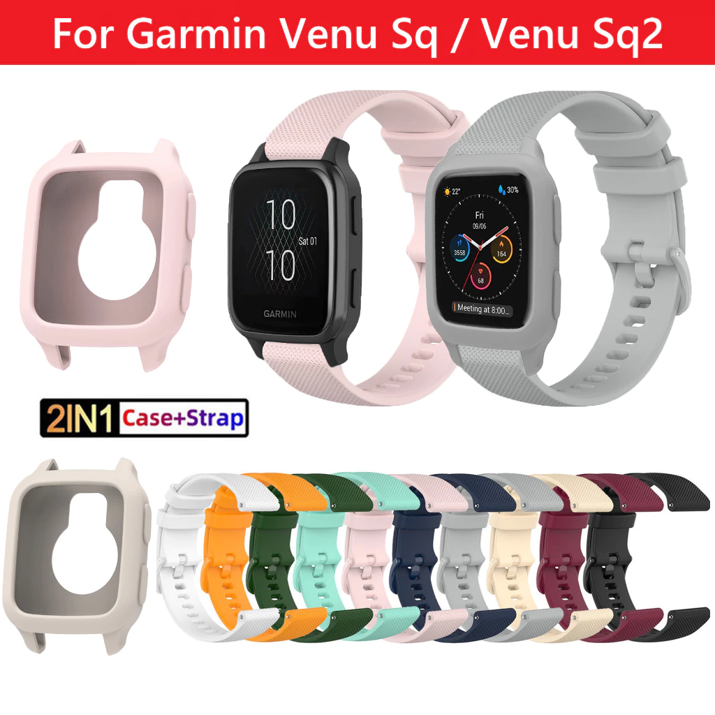 สายรัดซิลิโคน + สําหรับ Garmin Venu SQ 2 Sq2 เพลง Soft TPU ฝาครอบเพลงเปลี่ยนสมาร์ทวอท์ช 2 ใน 1 ป้องกันหน้าจอ Patchwork สีสายรัดข้อมือ