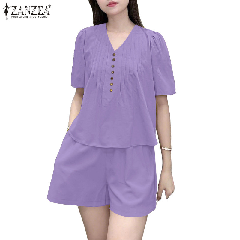 ZANZEA ซานเซีย ผู้หญิงเกาหลีสันทนาการคอวีแขนสั้นท็อปส์เอวยางยืดขากว้างกางเกงขาสั้นชุด