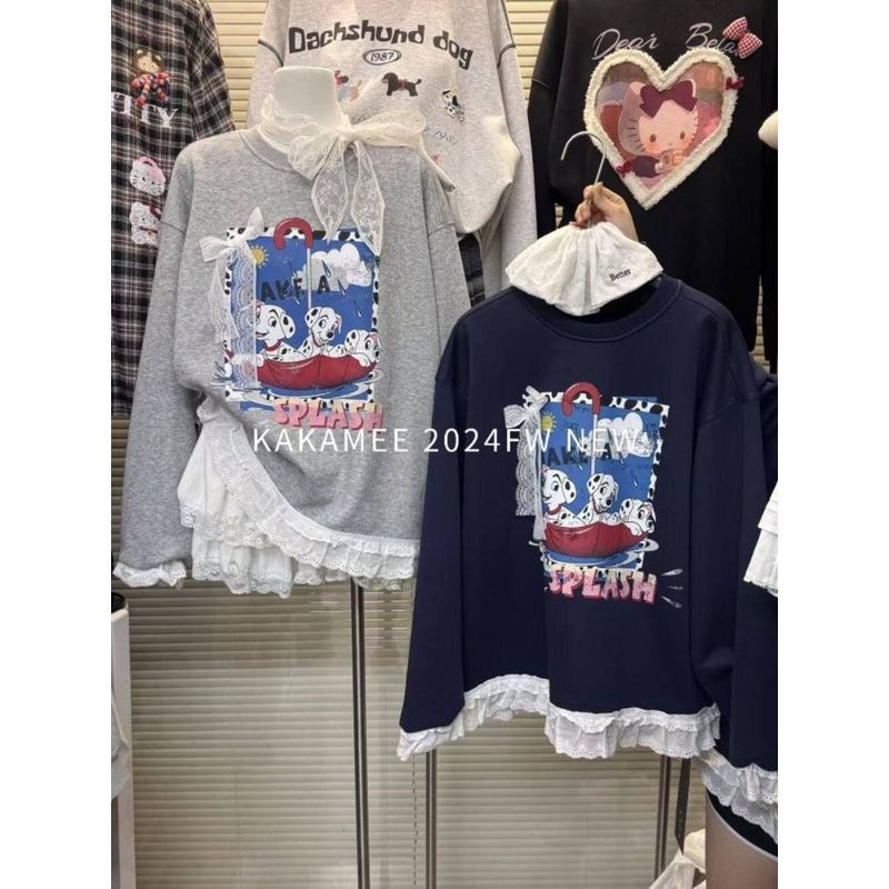 ผู้หญิงการ์ตูนจุดสุนัขพิมพ์เสื้อกันหนาววินเทจลูกไม้ออกแบบมาหลวมสบายๆ พี เสื้อสวมหัว