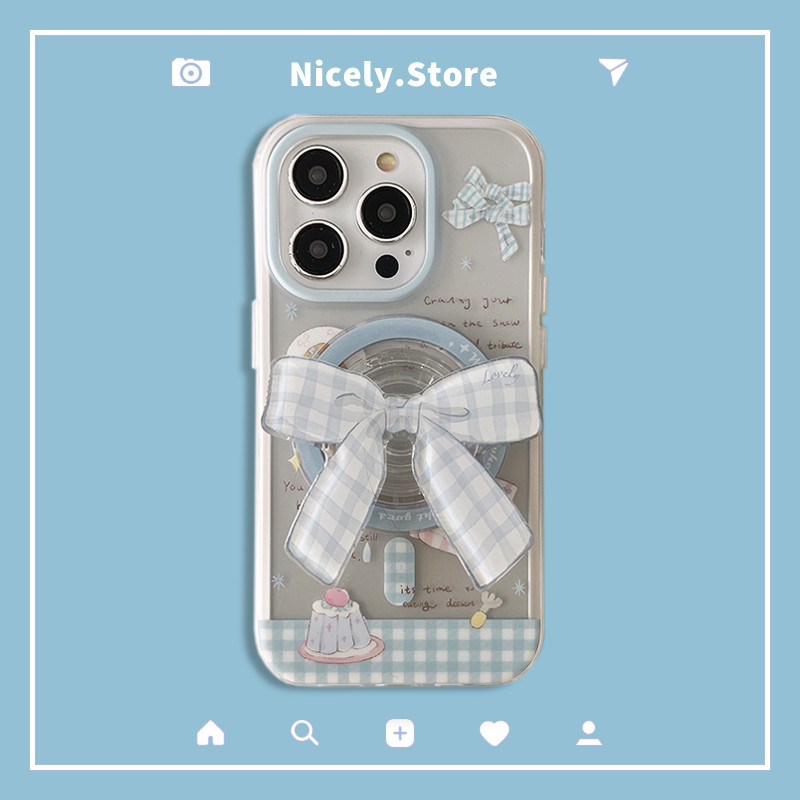 INS ลายสก๊อต Bowknot ผู้ถือขาตั้งเคสโทรศัพท์สําหรับ iPhone 17 16 15 14 13 Pro Max Soft TPU Anti-scratch 2 ใน 1 ปกหลัง