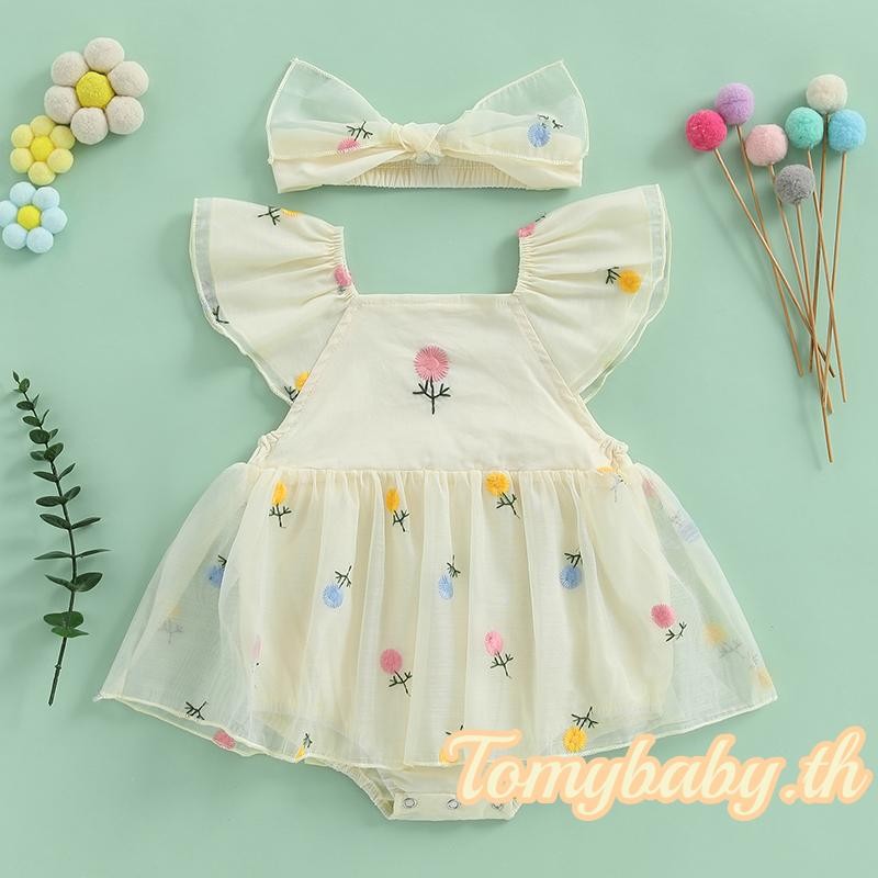 Tomybaby-เด็กทารกฤดูร้อน Romper Flying Sleeve ดอกไม้เย็บปักถักร้อย Jumpsuit พร้อมแถบคาดศีรษะ