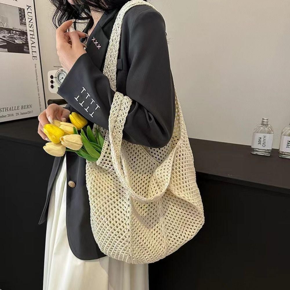 Isitaft โครเชต์ตาข่าย Tote, Hollow Out Soft ผู้หญิงถักไหล่กระเป๋า, Bohemian อเนกประสงค์สีทึบขนาดใหญ่ความจุกระเป๋าช้อปปิ้งเรียบง่ายชายหาด
