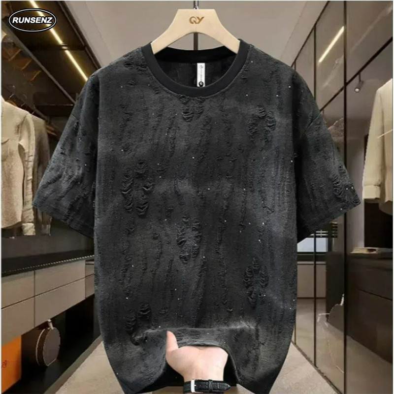 M-8XL American Vintage Hole Short Sleeve T Shirt Men Plus Size Top Casual Loose Oversize Tee