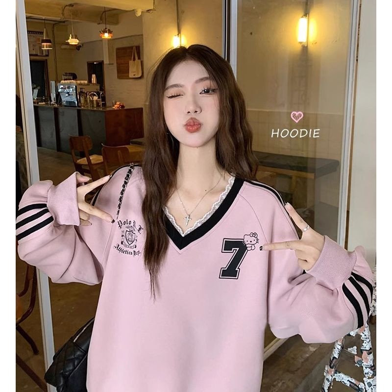 🧡LINNA🧡ลูกไม้ คอวี แขนยาว ท็อปส์ แฟชั่น หลวม เวอร์ชั่นเกาหลี สไตล์ใหม่