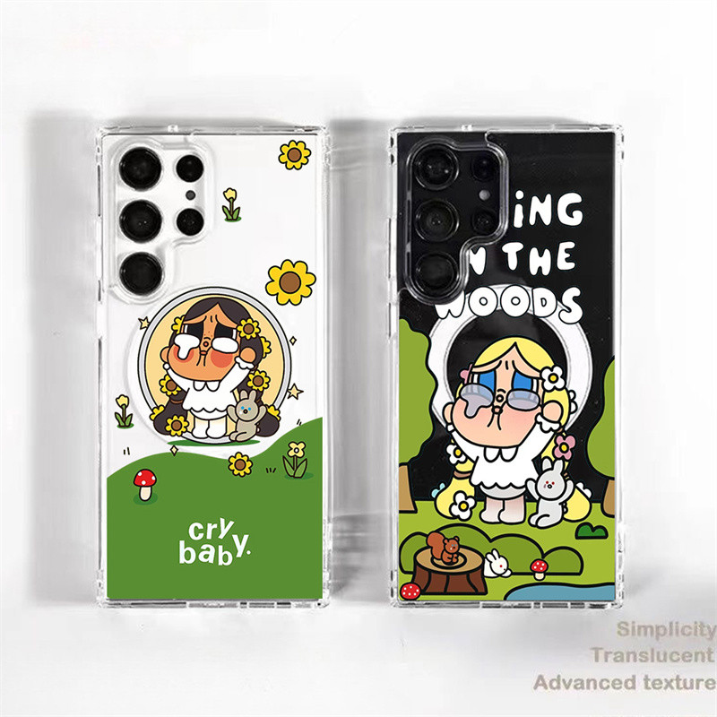 การ์ตูน POP MART ดอกทานตะวันสาว Crybaby Woods กระต่ายแม่เหล็กอะคริลิคสําหรับ Samsung S25Ultra S24Ultra S24 Plus S25 + S23U S22 Ultra S22 + S23FE กันกระแทก