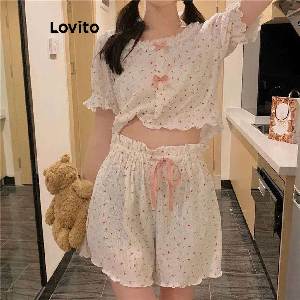 Lovito เซ็ทชุดนอนผู้หญิง แต่งโบว์ สีพื้น สไตล์ลำลอง LNE57540