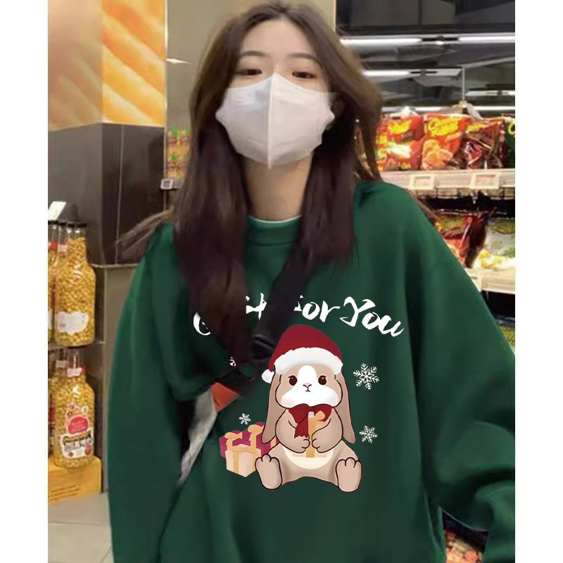 ฤดูใบไม้ร่วงการ์ตูนคริสต์มาสกระต่ายพิมพ์เสื้อกันหนาวหมวกแขนยาวหลวม อิน แนวโน้มแฟชั่นคอลูกเรือเสื้อคู่