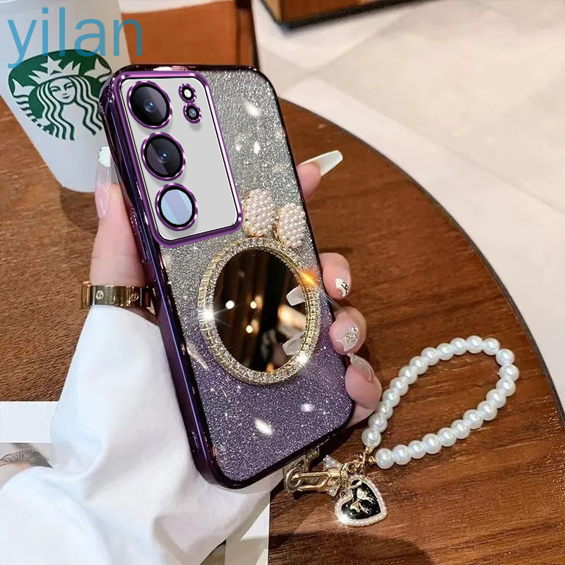 หรูหราปลอก Vivo V29 5G V30 5G V29E V27 5G V27E V25 V25E V23 5G V21 5G V19 Glitter Electroplating โปร่งใสกรณีเปลือกมุกโบว์แต่งหน้ากระจกสร้อยข้อมือสําหรับสาว
