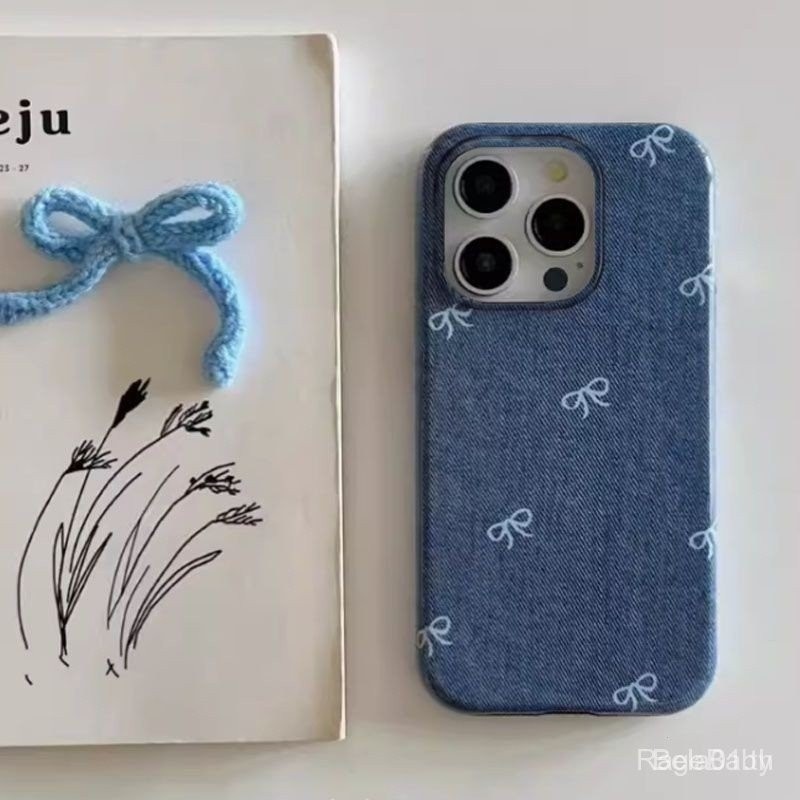 เคสโทรศัพท์พื้นหลังสีฟ้าเดนิมเคสป้องกันโบว์สำหรับ iPhone 11pro MAX/12pro MAX/iPhone 11 / 12 / 13/14/15pro MAX/x/xr/XS MAX iPhone 14pro/15pro