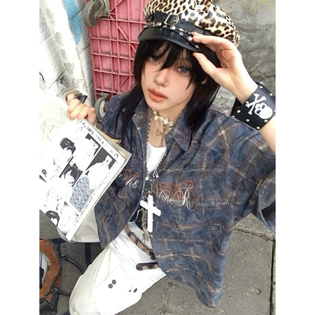 Street Trend Top Pleated[]Letter Retro Women's Plaid Loose Strict Selection American Embroidered Shirt Half Sleeve