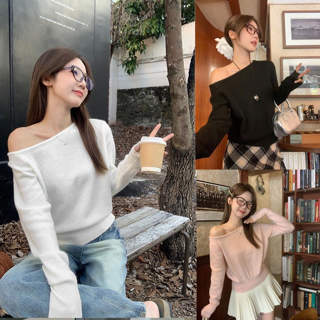 Dahong 💖  เสื้อไหมพรมแขนยาว  เปิดไหล่ ดีเทล ตามตัว ใส่ง่าย น่ารักและอ่อนโยนเสื้อยืดปาดไหล่สไตล์เกาหลี X604