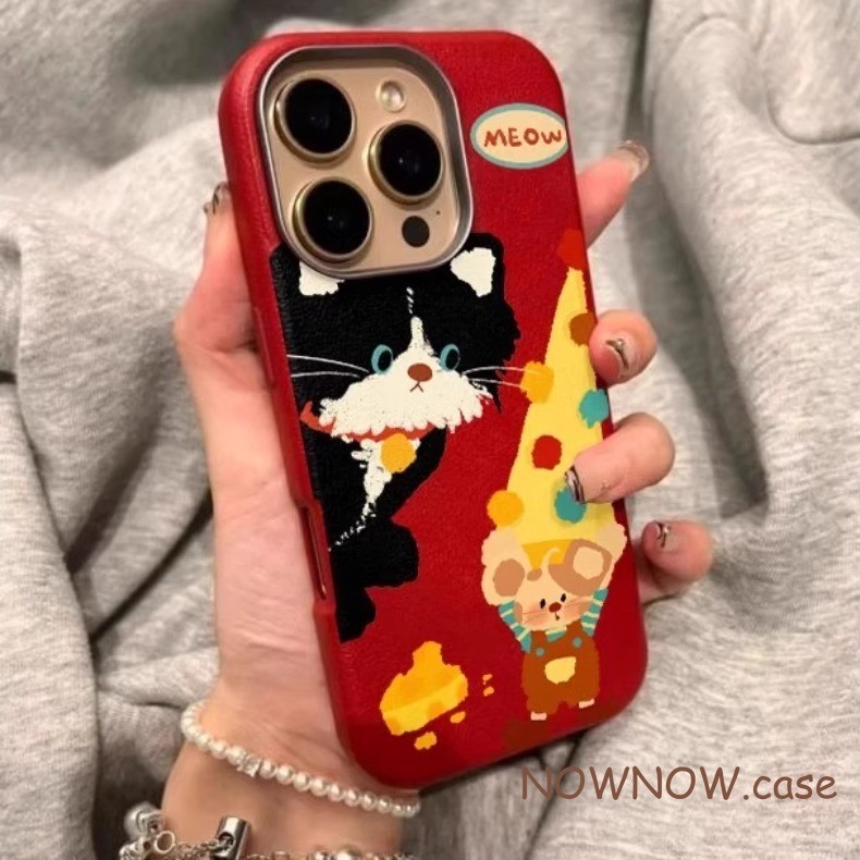 Iphone 16 15 14 13 12 11 Pro Max X XR XS Max 7 8 Plus INS สีแดงปีใหม่น่ารักแมวและเมาส์เคสโทรศัพท์ปกอ่อน