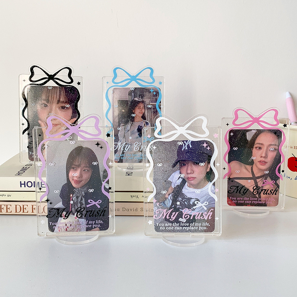 Ins Simple Transparent Bow Desktop Ornament 3Inch Small Card Storage Idol Card Holder Standing Card Storage