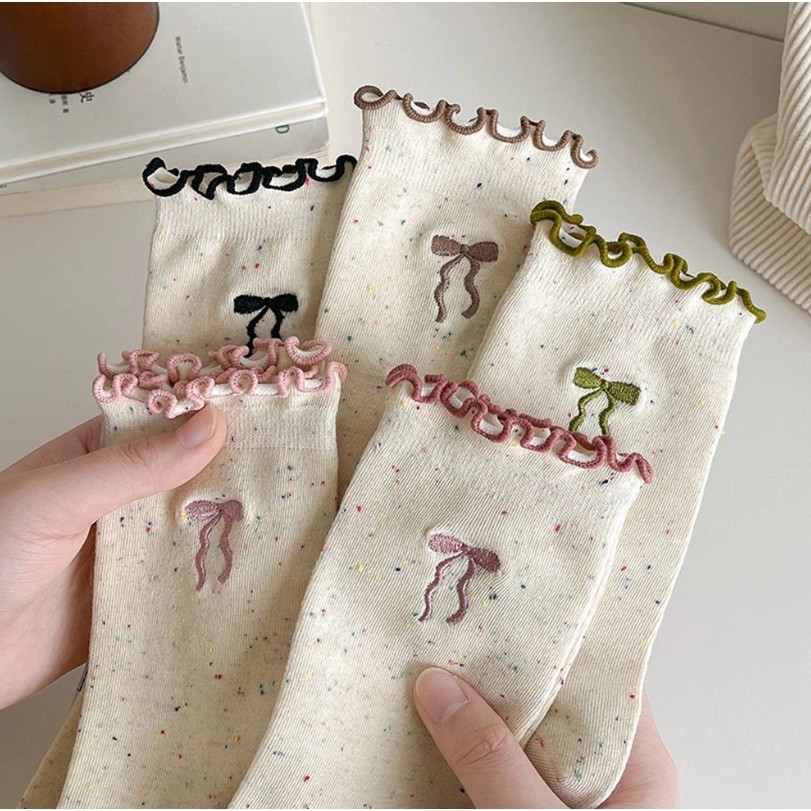 ถุงเท้าแฟชั่นสตรี ถุงเท้าโบว์ สไตล์ Y2K ผ้าฝ้ายแท้ ระบายอากาศได้ดี นุ่มสบาย หวานและน่ารัก - รูปที่ 6