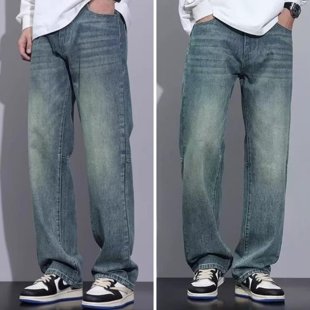 MNO.9 JEANS D5022 กางเกงยีนส์ชาย ขายาว ทรงกระบอก แต่งเฟด เอวสม็อค  วินเทจ ผู้ชาย Clothing Man สียีนส์