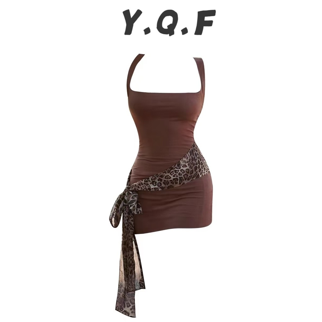 Women's American-Style Dress Skirt Slim-Fit Sheath Waist-Tight Sling Summer Stitching New Hot Girl Short Leopard Print