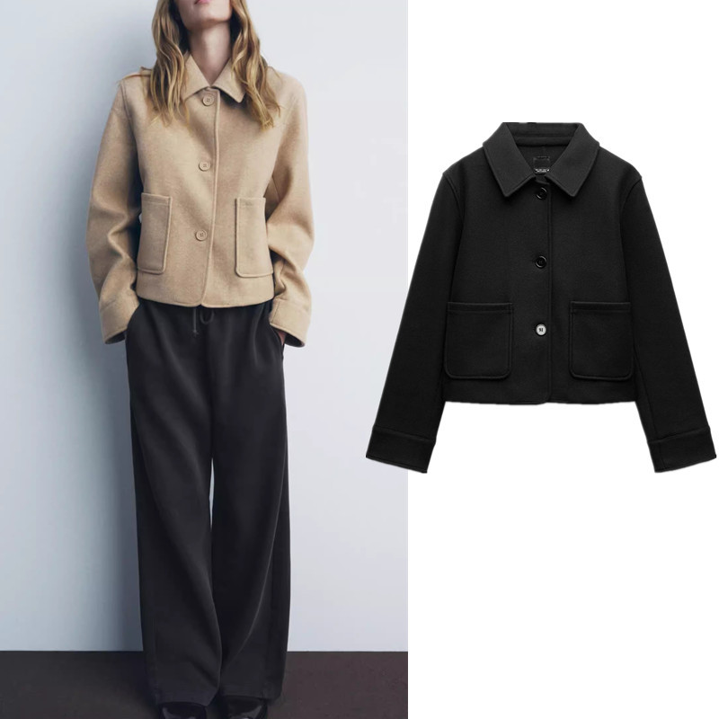 เสื้อแจ็คเก็ตกระดุมแถวเดียวแขนยาว Zara Pocket Soft Lapel 5070469