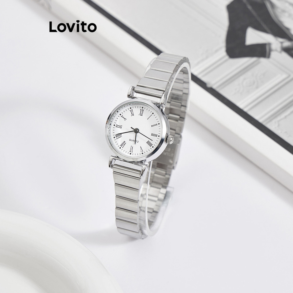 Lovito นาฬิกาควอทซ์ลำลอง ดิจิตอล พื้นผิวโลหะ สีพื้น สำหรับผู้หญิง LNA13089 (สีเงิน)