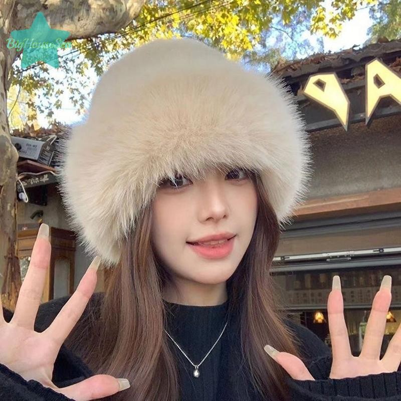[BigHouseSea] หมวกฤดูหนาวสําหรับผู้หญิงfaux Fur Fluffy Bucketหมวกสําหรับผู้หญิงPlushมองโกเลียหมวกปานามานุ่มเล่นสกีขี่หมวกอบอุ่น ﻿ ใหม่ ใหม่