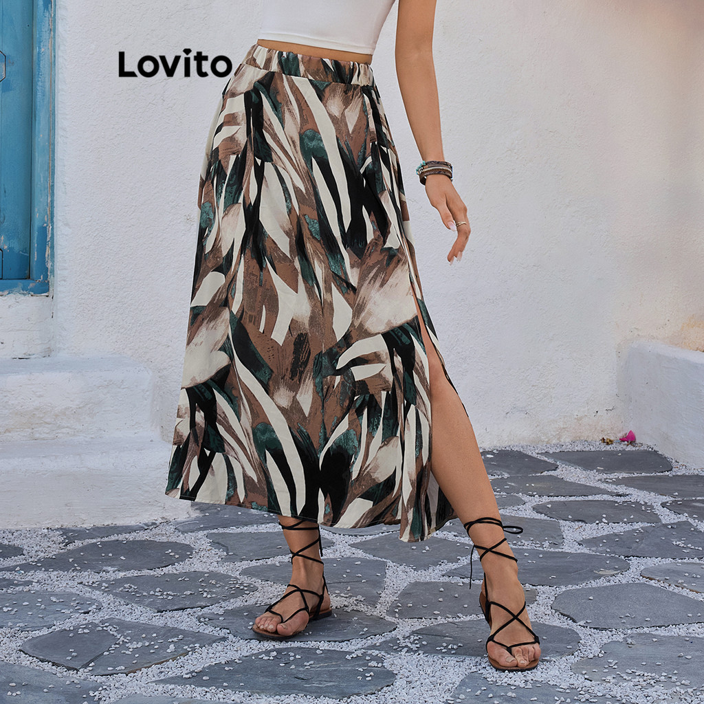 Lovito กระโปรงผ่าหน้าลายต้นไม้สไตล์โบฮีเมียนสำหรับผู้หญิง LBL18130
