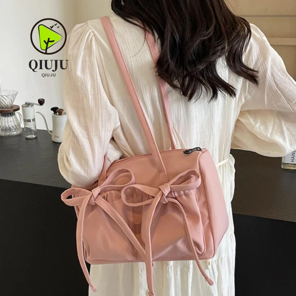 Qiju Bow Tote Bag, Casual Tote กระเป๋าสะพายความจุขนาดใหญ่, ซิปปิดไนลอนน้ําหนักเบา Underarm Bag ผู้หญิง