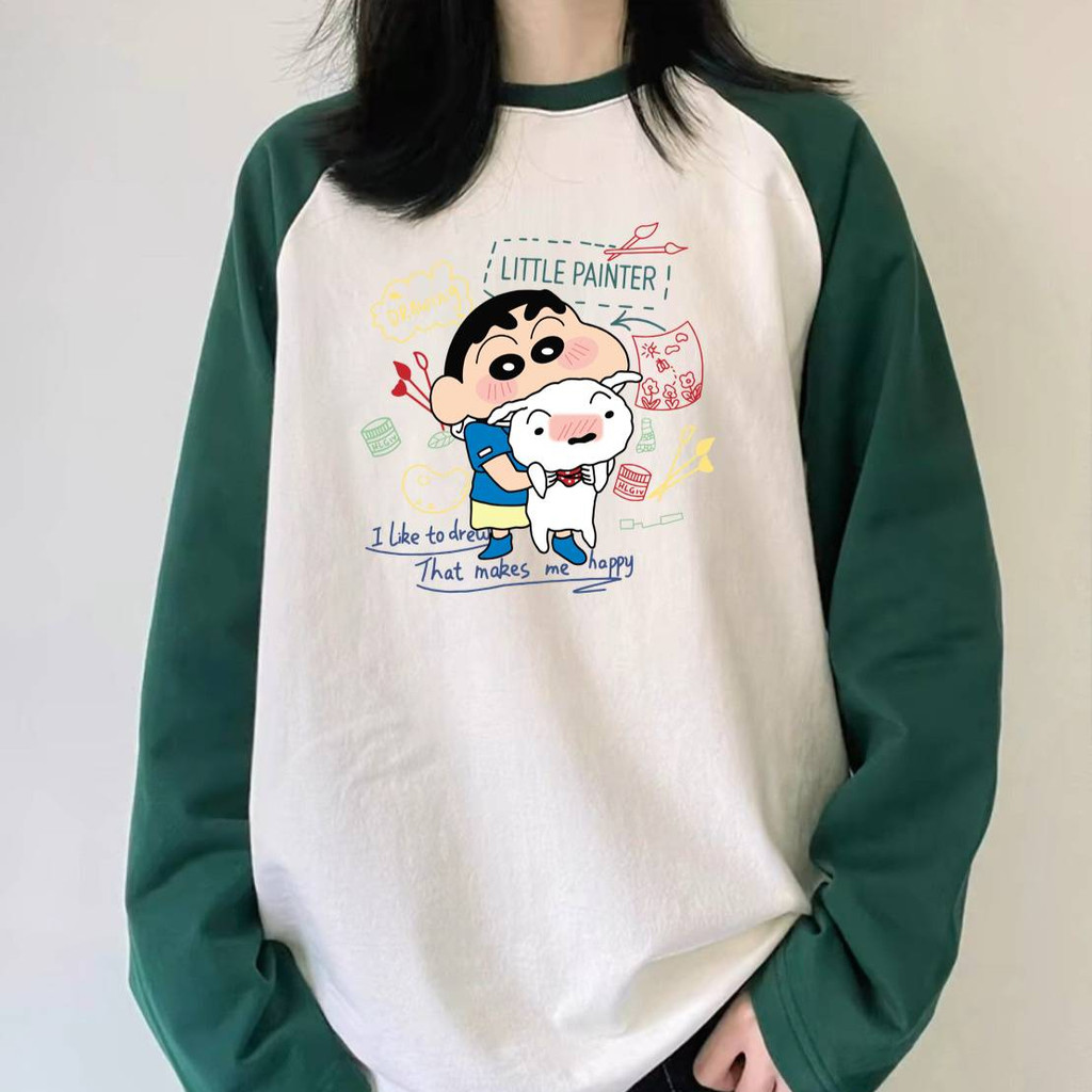 MKL เสื้อยืดแขนยาว คอกลม ทรงหลวมขนาดใหญ่ สีพื้น พิมพ์ลายชินจังการ์ตูนน่ารัก แฟชั่นฤดูใบไม้ผลิและฤดูใบไม้ร่วง #B010-1