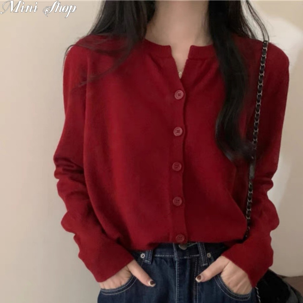 Mini shop พร้อมส่ง (MH3012)5สี เสื้อคลุมไหมพรมแขนยาวน่ารัก คอกลม กระดุมด้านหน้า สีพื้น ยืดตามตัว ผ้าถัก